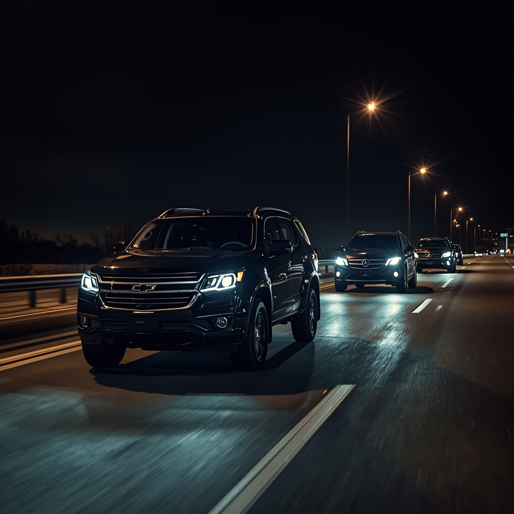 Lucid Origin Three Vehicles Driving In A Single File Formation On A Highway At Night. A Black 0 1