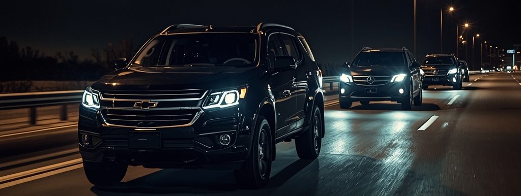 Lucid Origin Three Vehicles Driving In A Single File Formation On A Highway At Night. A Black 0 E1778202073396